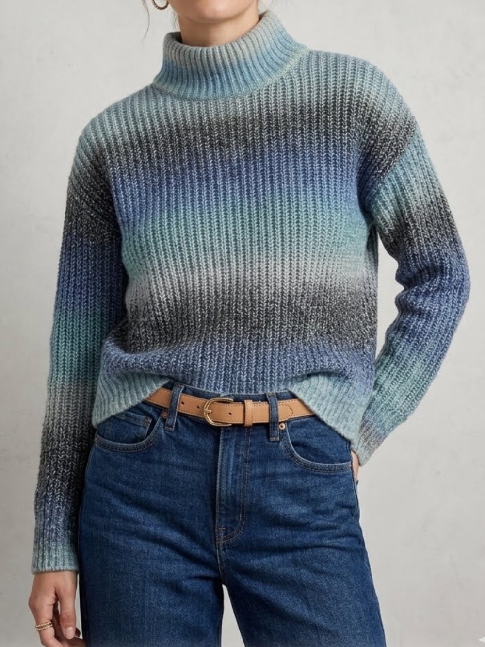 CYNTHIA ROWLEY Blue Ombre Ribbed Turtleneck Sweater XS NWOT